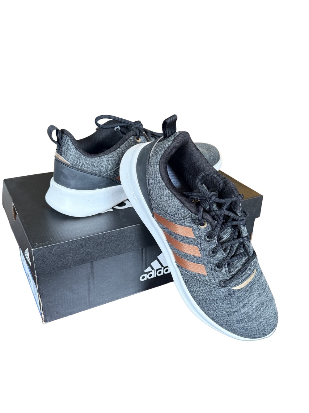adidas women’s Dark Gray Knit Sneakers with Copper Stripe Accents